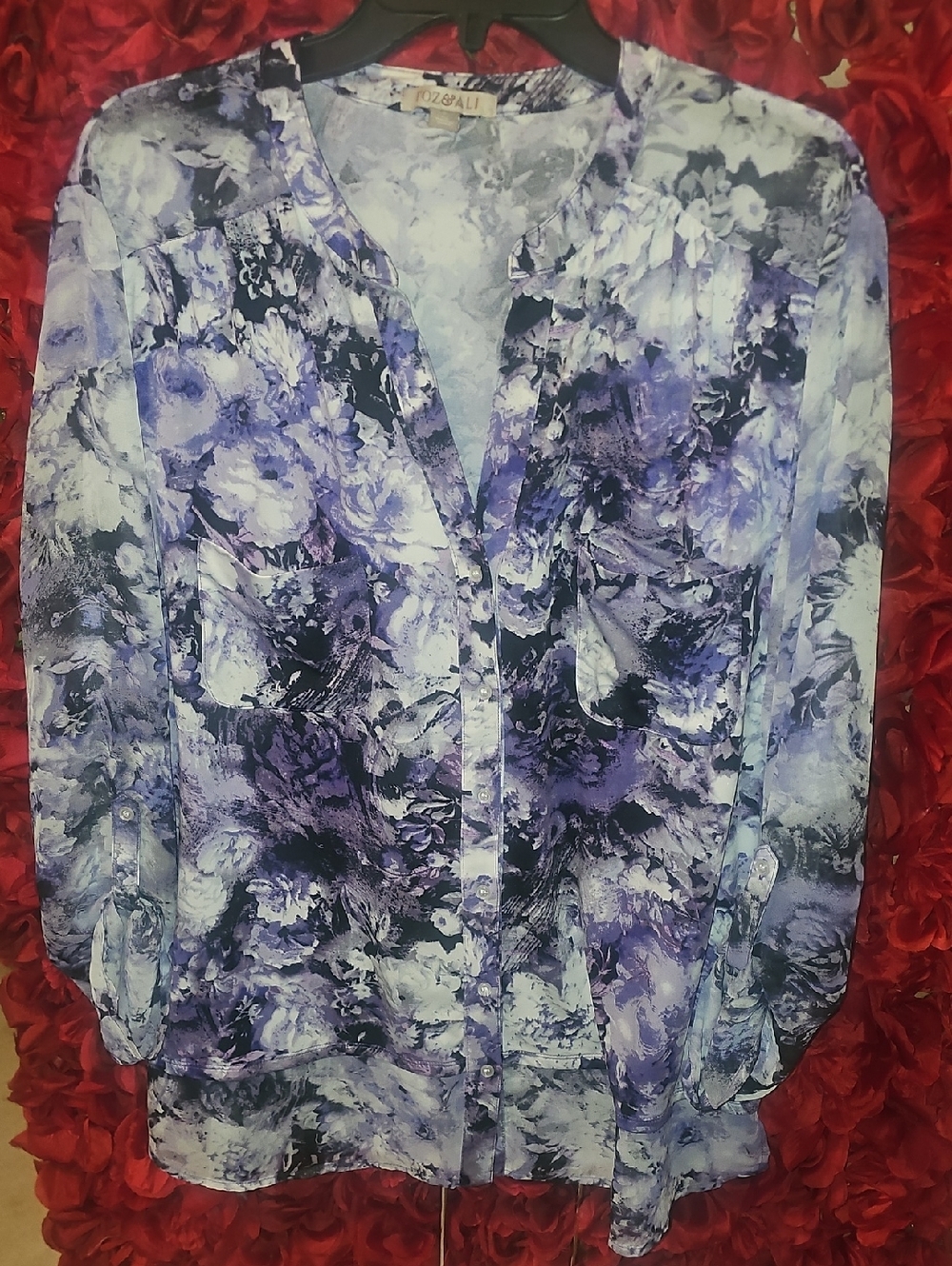 Roz & Ali Purple and White Floral Button-Down Blouse Size Xlarge LIKE NEW